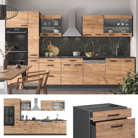 Cucina componibile R-Line, Quercia dorata/antracite, 350 cm con armadio alto, senza piano di lavoro, Vicco