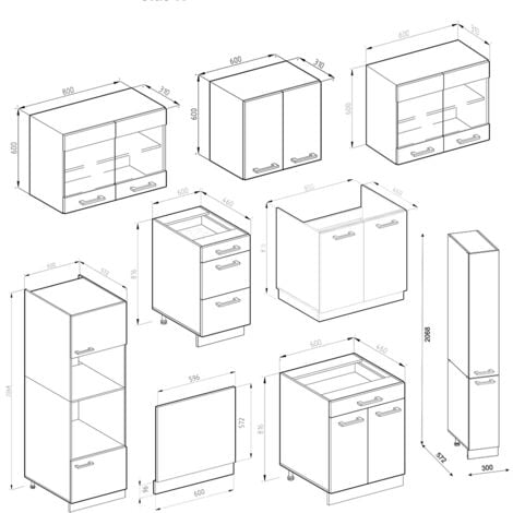 Cucina componibile R-Line, Quercia dorata/antracite, 350 cm con armadio alto, senza piano di lavoro, Vicco