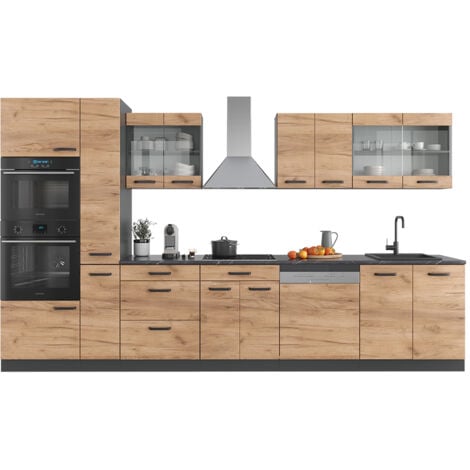 Cucina componibile R-Line, Quercia dorata/antracite, 350 cm con armadio alto, senza piano di lavoro, Vicco