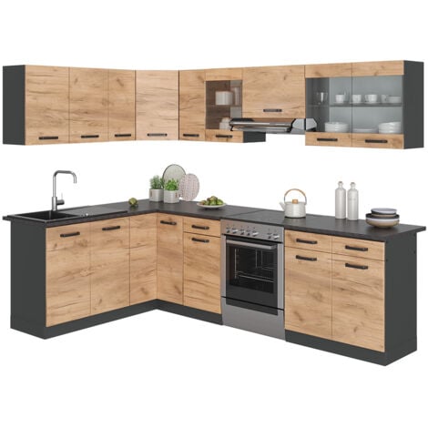 Cucina angolare completa Rick, Quercia dorata/antracite, 167 x 60 cm , PL Marmo, Vicco