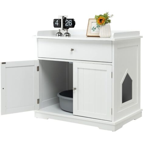 COSTWAY Mobile per Lettiera Gatti in Legno, con Portaoggetti, 2 Ante, Cassetto e Ingresso Laterale, Mobiletto Multiuso per Ingresso e Soggiorno, 76 x 53 x 74 cm, Carico Massimo 30 kg