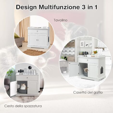 COSTWAY Mobile per Lettiera Gatti in Legno, con Portaoggetti, 2 Ante, Cassetto e Ingresso Laterale, Mobiletto Multiuso per Ingresso e Soggiorno, 76 x 53 x 74 cm, Carico Massimo 30 kg