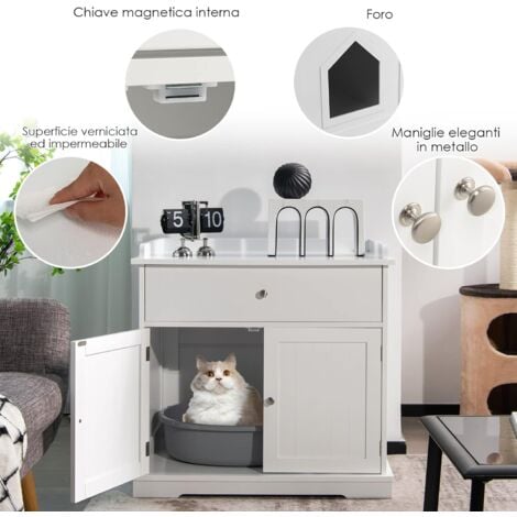 COSTWAY Mobile per Lettiera Gatti in Legno, con Portaoggetti, 2 Ante, Cassetto e Ingresso Laterale, Mobiletto Multiuso per Ingresso e Soggiorno, 76 x 53 x 74 cm, Carico Massimo 30 kg