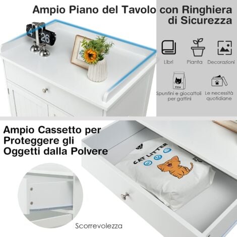 COSTWAY Mobile per Lettiera Gatti in Legno, con Portaoggetti, 2 Ante, Cassetto e Ingresso Laterale, Mobiletto Multiuso per Ingresso e Soggiorno, 76 x 53 x 74 cm, Carico Massimo 30 kg