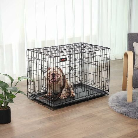 FEANDREA Gabbia Metallica Pieghevole per Cani con 2 Porte, L (92,5 x 57,5 x 64 cm), Nero