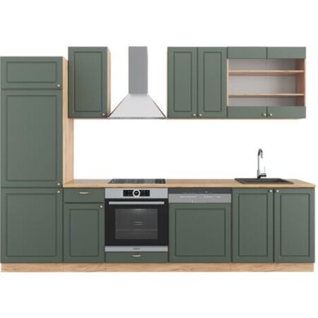 Cucina componibile Fame-Line, Quercia verde-oro Country/oro Power, 300 cm senza piano di lavoro, Vicco