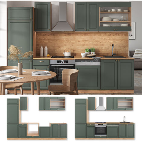 Cucina componibile Fame-Line, Quercia verde-oro Country/oro Power, 300 cm senza piano di lavoro, Vicco