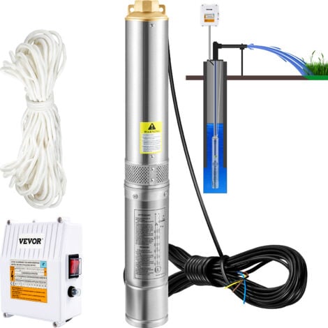 VEVOR Pompa deAcqua Sommergibile 1100W Flusso 190L/min per Piscina Giardino Orto in Acciaio Inox, Pompa Sommersa per Pozzi Profondi 230V Prevalenza Max. 57m, Pompa Pozzo con Scatola Controllo Esterna