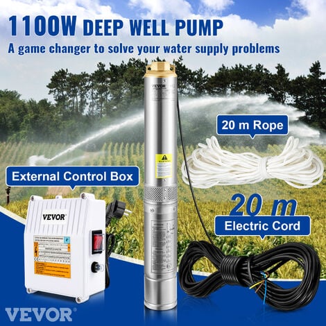VEVOR Pompa deAcqua Sommergibile 1100W Flusso 190L/min per Piscina Giardino Orto in Acciaio Inox, Pompa Sommersa per Pozzi Profondi 230V Prevalenza Max. 57m, Pompa Pozzo con Scatola Controllo Esterna