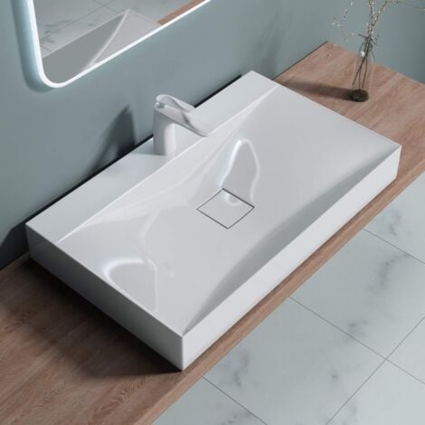 doporro Lavabo da Appoggio o Sospeso Rettangolare Lavandino Bagno con Foro per Rubinetto e Montaggio a Parete, 80x48x12 cm in Marmoresina Bianco Lucido  - Colossum810