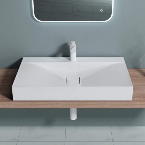 doporro Lavabo da Appoggio o Sospeso Rettangolare Lavandino Bagno con Foro per Rubinetto e Montaggio a Parete, 80x48x12 cm in Marmoresina Bianco Lucido  - Colossum810