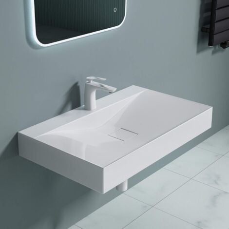 doporro Lavabo da Appoggio o Sospeso Rettangolare Lavandino Bagno con Foro per Rubinetto e Montaggio a Parete, 80x48x12 cm in Marmoresina Bianco Lucido  - Colossum810