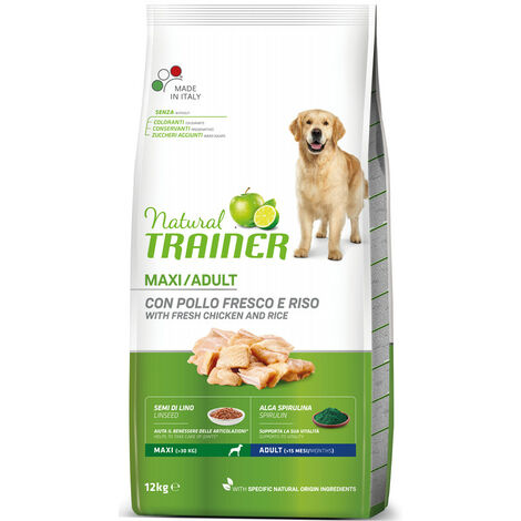 Trainer Natural per Cane Adult Maxi con Pollo Fresco, Riso, Semi Di Lino e Alga Spirulina da 12 Kg