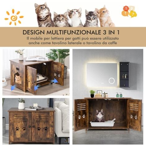 COSTWAY Mobile per Lettiera Gatti, con Doppie Porte a Feritoia, Ingresso Laterale, Cuccia e Toilette, Mobiletto Multiuso per Ingresso e Soggiorno, Portata 50 kg, 70 x 52 x 51 cm