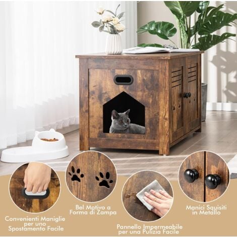 COSTWAY Mobile per Lettiera Gatti, con Doppie Porte a Feritoia, Ingresso Laterale, Cuccia e Toilette, Mobiletto Multiuso per Ingresso e Soggiorno, Portata 50 kg, 70 x 52 x 51 cm