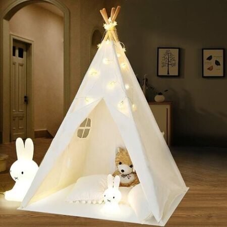 Tenda da gioco Teepee con tenda a ghirlanda Grande casa per tenda portatile per interni ed esterni in tela bianca indiana Teepee