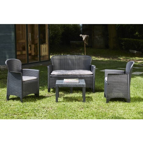 Set salotto da esterno, Set da giardino con 2 poltrone, 1 divano ed 1 tavolino, Salottino effetto rattan con cuscini, 100% Made in Italy, Antracite