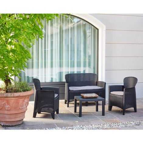 Set salotto da esterno, Set da giardino con 2 poltrone, 1 divano ed 1 tavolino, Salottino effetto rattan con cuscini, 100% Made in Italy, Antracite