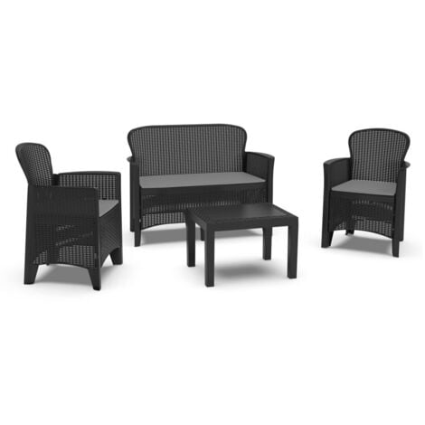 Set salotto da esterno, Set da giardino con 2 poltrone, 1 divano ed 1 tavolino, Salottino effetto rattan con cuscini, 100% Made in Italy, Antracite