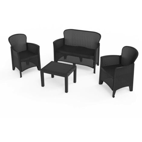 Set salotto da esterno, Set da giardino con 2 poltrone, 1 divano ed 1 tavolino, Salottino effetto rattan con cuscini, 100% Made in Italy, Antracite