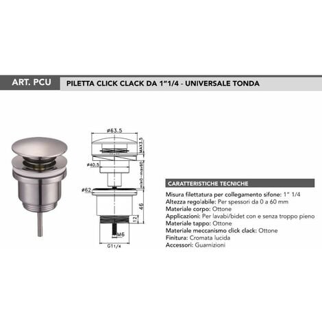 Piletta di scarico click-clack modello tondo universale Tecom PCU  Cromo