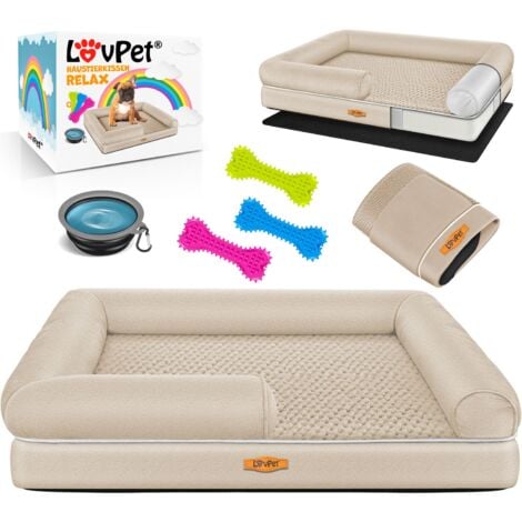 LOVPET® Letto ortopedico per cani, Con ciotola + 3X ossi da masticare, Divano per cani di piccola, media e grande taglia, sfoderabile, Beige / M (91 x 71 x 25 cm)