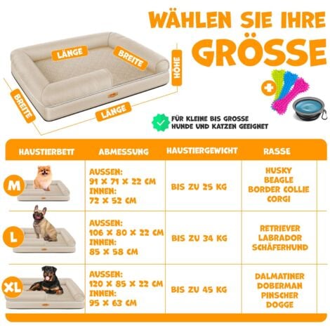 LOVPET® Letto ortopedico per cani, Con ciotola + 3X ossi da masticare, Divano per cani di piccola, media e grande taglia, sfoderabile, Beige / M (91 x 71 x 25 cm)