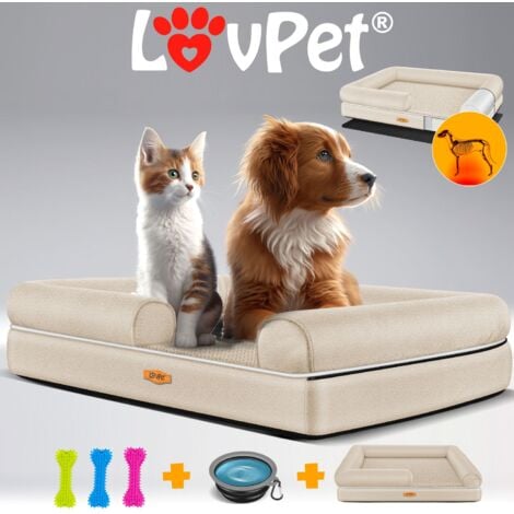 LOVPET® Letto ortopedico per cani, Con ciotola + 3X ossi da masticare, Divano per cani di piccola, media e grande taglia, sfoderabile, Beige / M (91 x 71 x 25 cm)