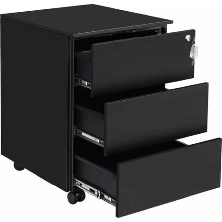Cassettiera da Ufficio Studio Scrivania, Mobiletto con Ruote per Documenti e Cancelleria, con 3 Cassetti e Serratura, Pre-Assemblato, 39 x 45 x 55 cm (L x P x A), Nero Opaco