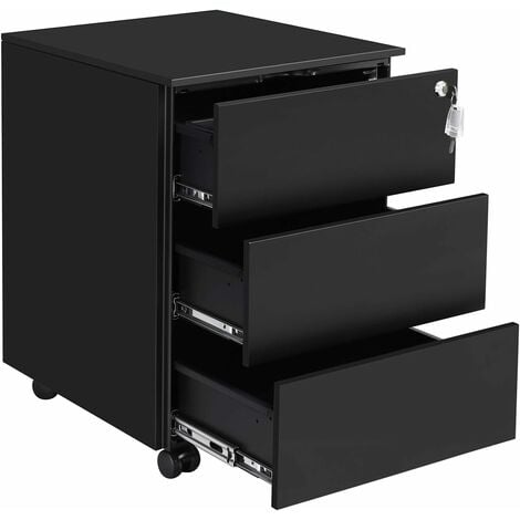 Cassettiera da Ufficio Studio Scrivania, Mobiletto con Ruote per Documenti e Cancelleria, con 3 Cassetti e Serratura, Pre-Assemblato, 39 x 45 x 55 cm (L x P x A), Nero Opaco