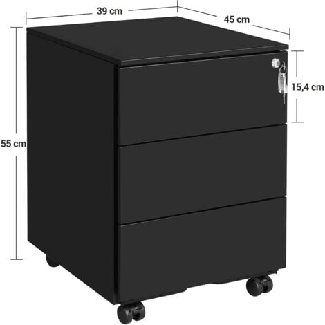 Cassettiera da Ufficio Studio Scrivania, Mobiletto con Ruote per Documenti e Cancelleria, con 3 Cassetti e Serratura, Pre-Assemblato, 39 x 45 x 55 cm (L x P x A), Nero Opaco