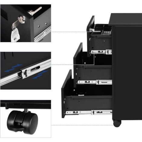 Cassettiera da Ufficio Studio Scrivania, Mobiletto con Ruote per Documenti e Cancelleria, con 3 Cassetti e Serratura, Pre-Assemblato, 39 x 45 x 55 cm (L x P x A), Nero Opaco