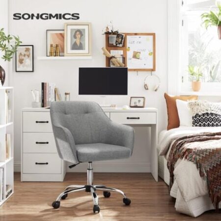 SONGMICS Poltrona da Ufficio, Comoda Sedia Girevole, Seduta ergonomica, Regolabile in Altezza, carico 120 kg, Telaio in Acciaio, Tessuto di Lino, per Ufficio, Grigio