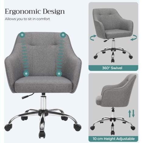 SONGMICS Poltrona da Ufficio, Comoda Sedia Girevole, Seduta ergonomica, Regolabile in Altezza, carico 120 kg, Telaio in Acciaio, Tessuto di Lino, per Ufficio, Grigio
