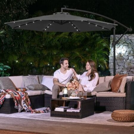 Ombrellone da Giardino Decentrato con 32 Luci a LED a Energia Solare, Ombrellone Ø 3 m con Base, Protezione UPF50+, Manovella per Apertura/Chiusura, Terrazzo Cortile, Grigio