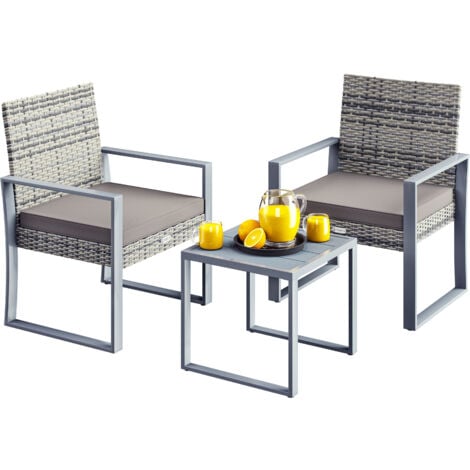 Casaria Mobili da Giardino in Polyrattan WPC Tavolo Portata 160kg 2 Sedie Cuscini Altezza Piedi Regolabile Resistente alle Intemperie Terrazza Balcone Mobili Lounge Set Grigio Grigio