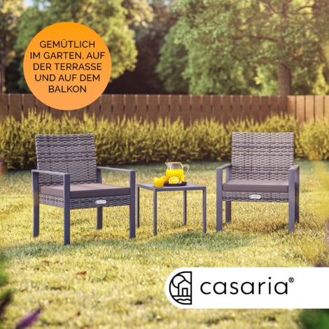 Casaria Mobili da Giardino in Polyrattan WPC Tavolo Portata 160kg 2 Sedie Cuscini Altezza Piedi Regolabile Resistente alle Intemperie Terrazza Balcone Mobili Lounge Set Grigio Grigio