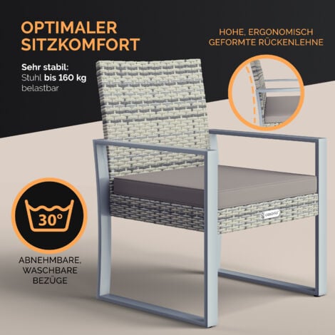 Casaria Mobili da Giardino in Polyrattan WPC Tavolo Portata 160kg 2 Sedie Cuscini Altezza Piedi Regolabile Resistente alle Intemperie Terrazza Balcone Mobili Lounge Set Grigio Grigio