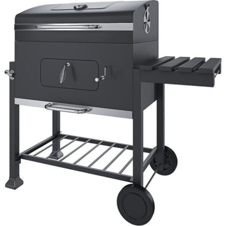 Barbecue Grill A Carbonella BBQ Da Giardino Picnic Balcone Terrazzo Con Coperchio Ruote E Termometro Ripiano Laterale Ribaltabile Con 4 Ganci Manico In Acciaio Inox 106 x 46 x 114 cm Colore Nero