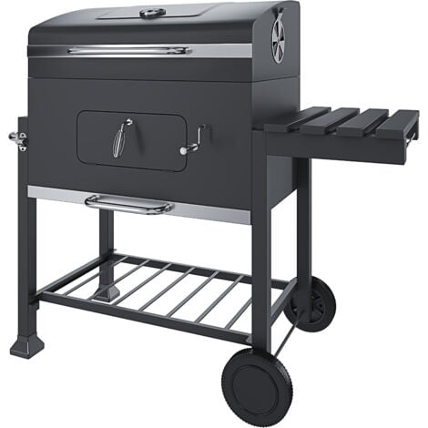 Barbecue Grill A Carbonella BBQ Da Giardino Picnic Balcone Terrazzo Con Coperchio Ruote E Termometro Ripiano Laterale Ribaltabile Con 4 Ganci Manico In Acciaio Inox 106 x 46 x 114 cm Colore Nero