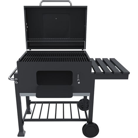 Barbecue Grill A Carbonella BBQ Da Giardino Picnic Balcone Terrazzo Con Coperchio Ruote E Termometro Ripiano Laterale Ribaltabile Con 4 Ganci Manico In Acciaio Inox 106 x 46 x 114 cm Colore Nero
