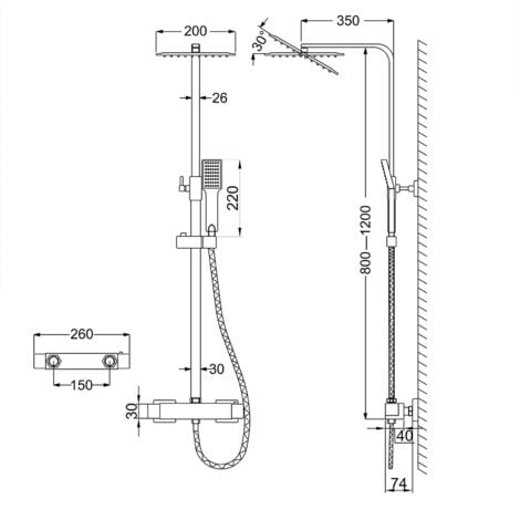 AICA Kit doccia quadrato con miscelatore termostatico, soffione in acciaio inox 20x20cm, altezza regolabile 80-120 cm