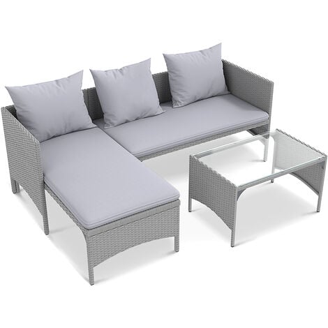 Bigzza Set di mobili da giardino in rattan - Mobili da giardino 3 set, con 1 poltrona, 1 sgabello, 1 tavolo in vetro e cuscino Grigio
