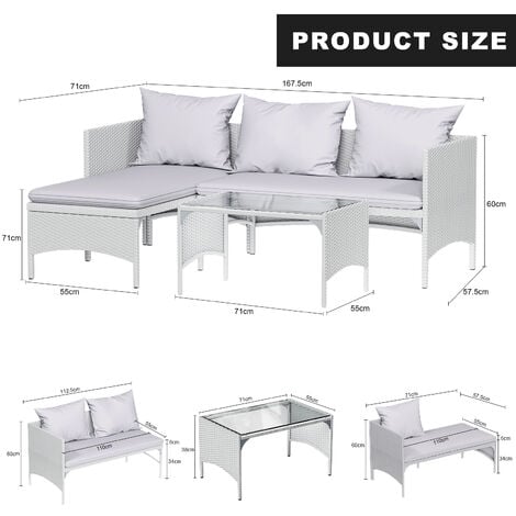 Bigzza Set di mobili da giardino in rattan - Mobili da giardino 3 set, con 1 poltrona, 1 sgabello, 1 tavolo in vetro e cuscino Grigio