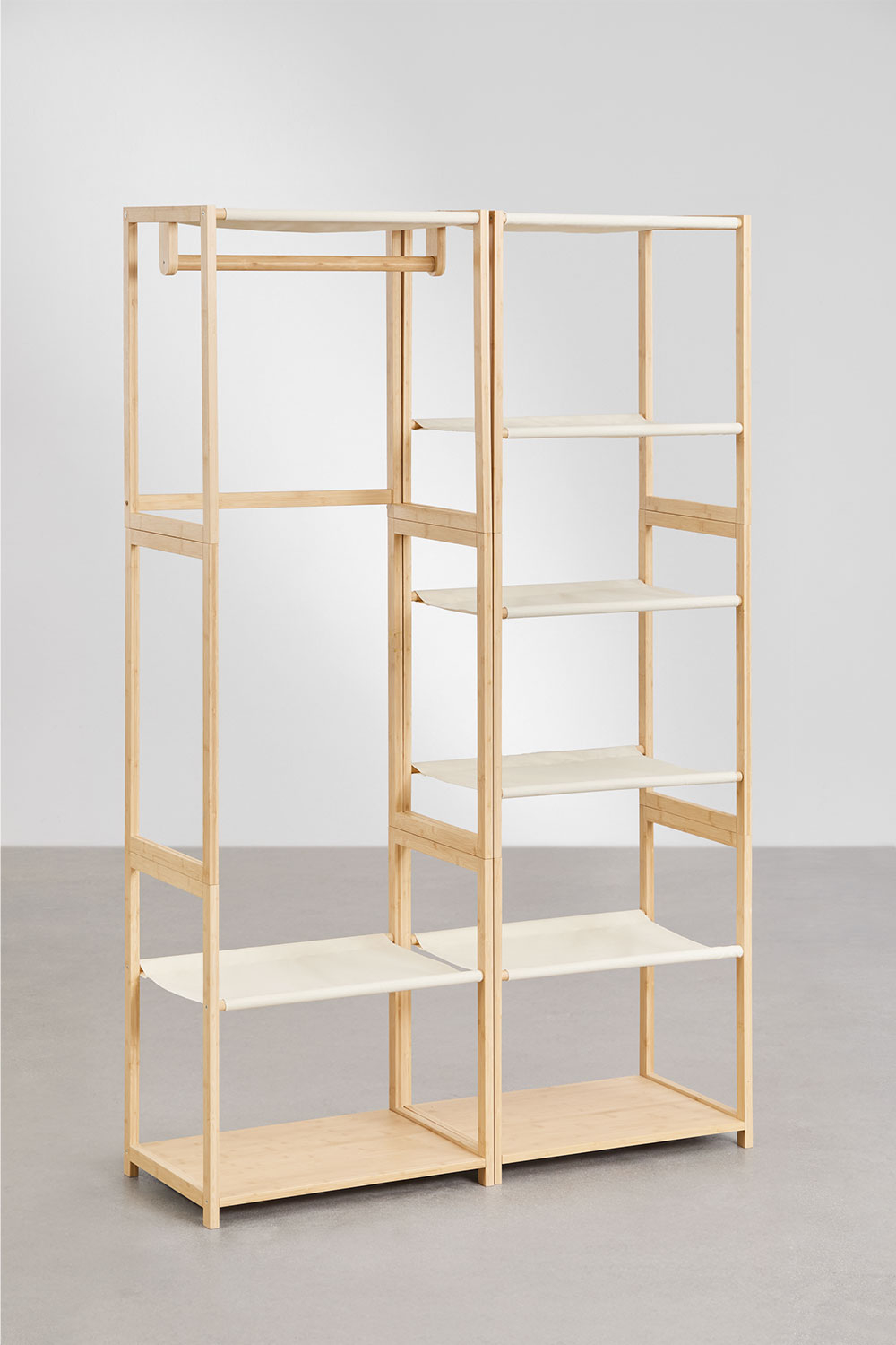Armadio modulare aperto Deneb Bamboo a 2 pezzi con ripiani, scaffale e appendiabiti