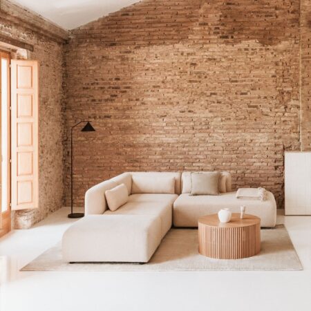 Divano angolare componibile in 3 pezzi con chaise longue destra e pouf Fogler