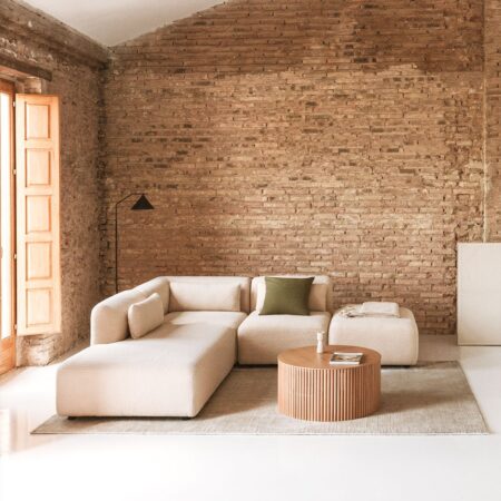 Divano angolare componibile in 3 pezzi con chaise longue sinistra e pouf Fogler