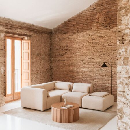 Divano angolare componibile in 3 pezzi con pouf Fogler