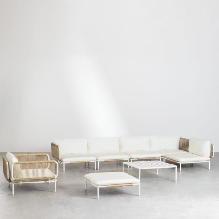 Divano angolare da giardino componibile in 5 pezzi con pouf, poltrona e tavolino Roubly