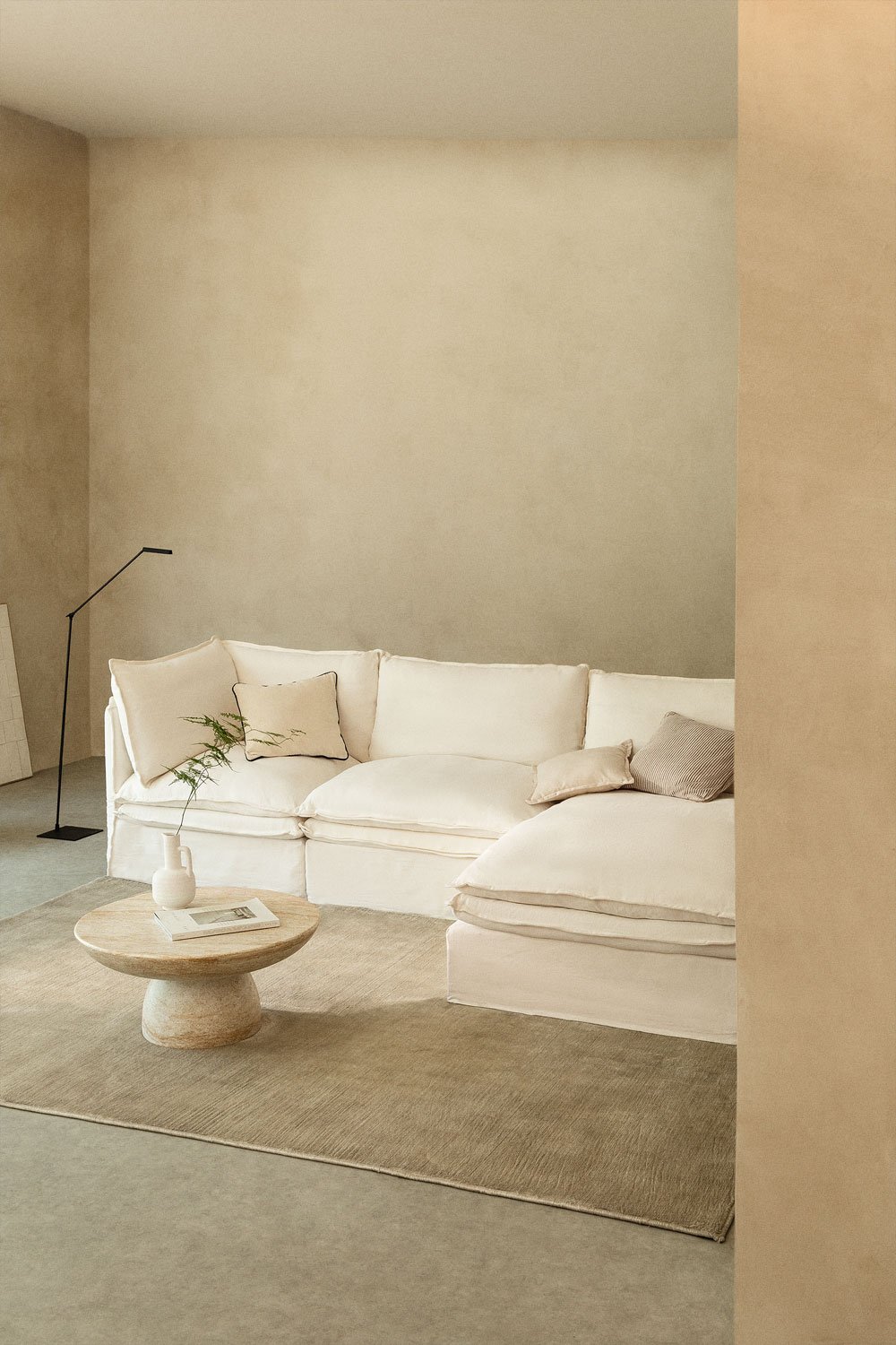 Divano chaise longue modulare in 3 pezzi Grace in lino e cotone